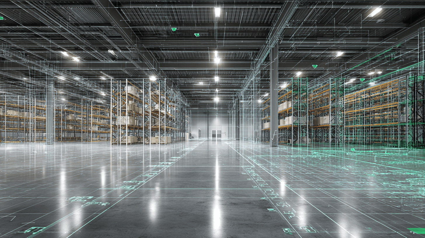 Interior of a high-bay industrial warehouse with clear view of racking and loading docks