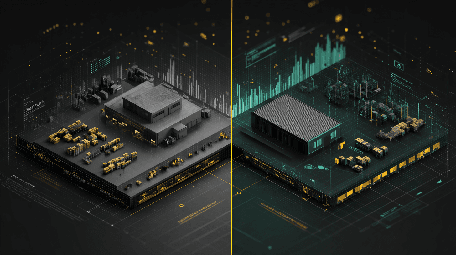 Split screen comparing owned warehouse building and leased logistics facility