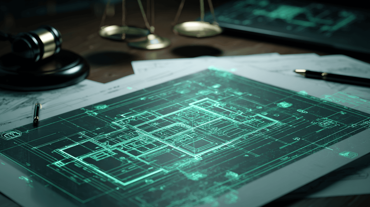 Legal documents and pen next to a blueprint of an industrial warehouse