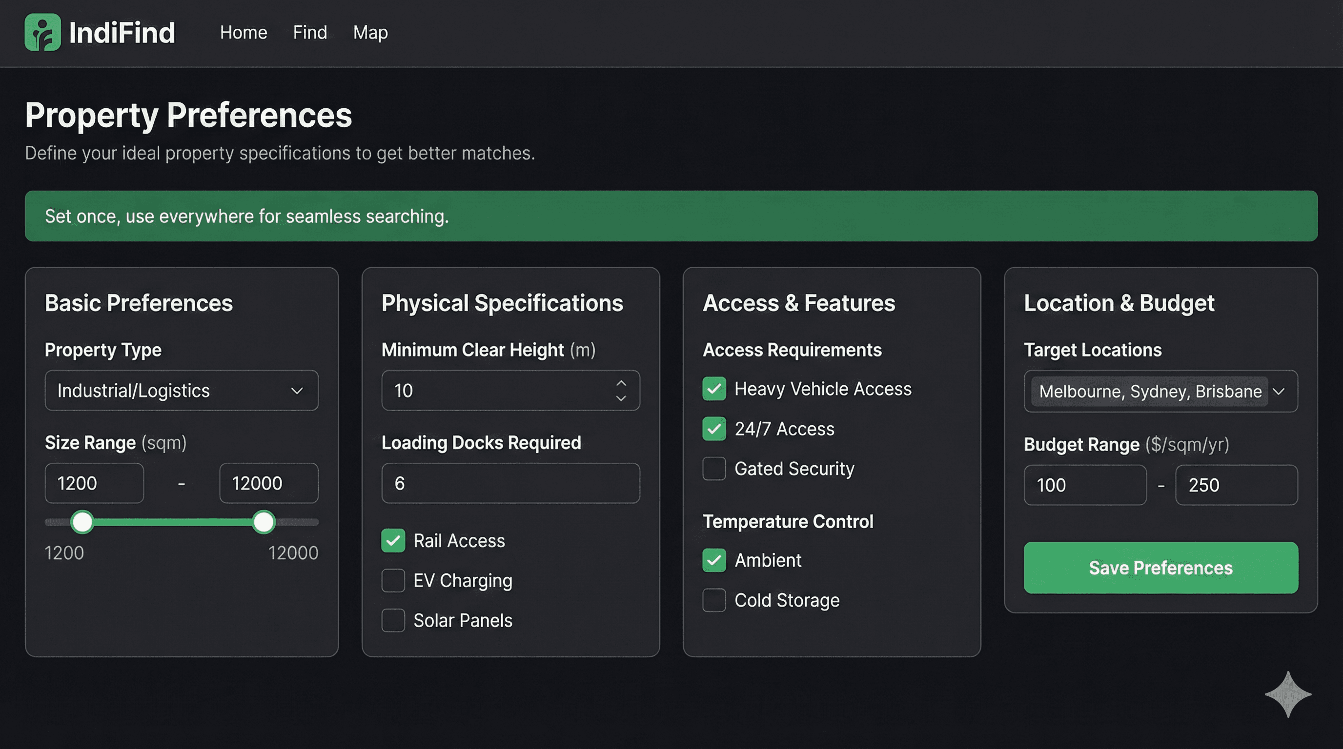 Dashboard interface showing property preference settings with various filters and criteria options