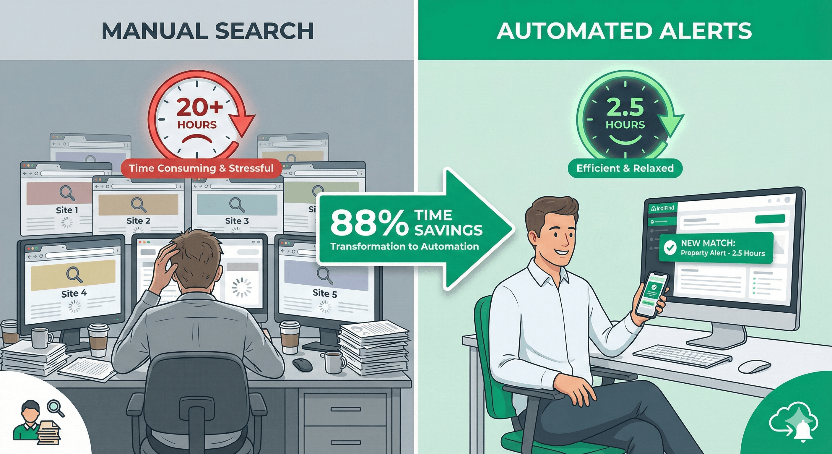 Before and after comparison showing time savings from automated property search versus manual searching