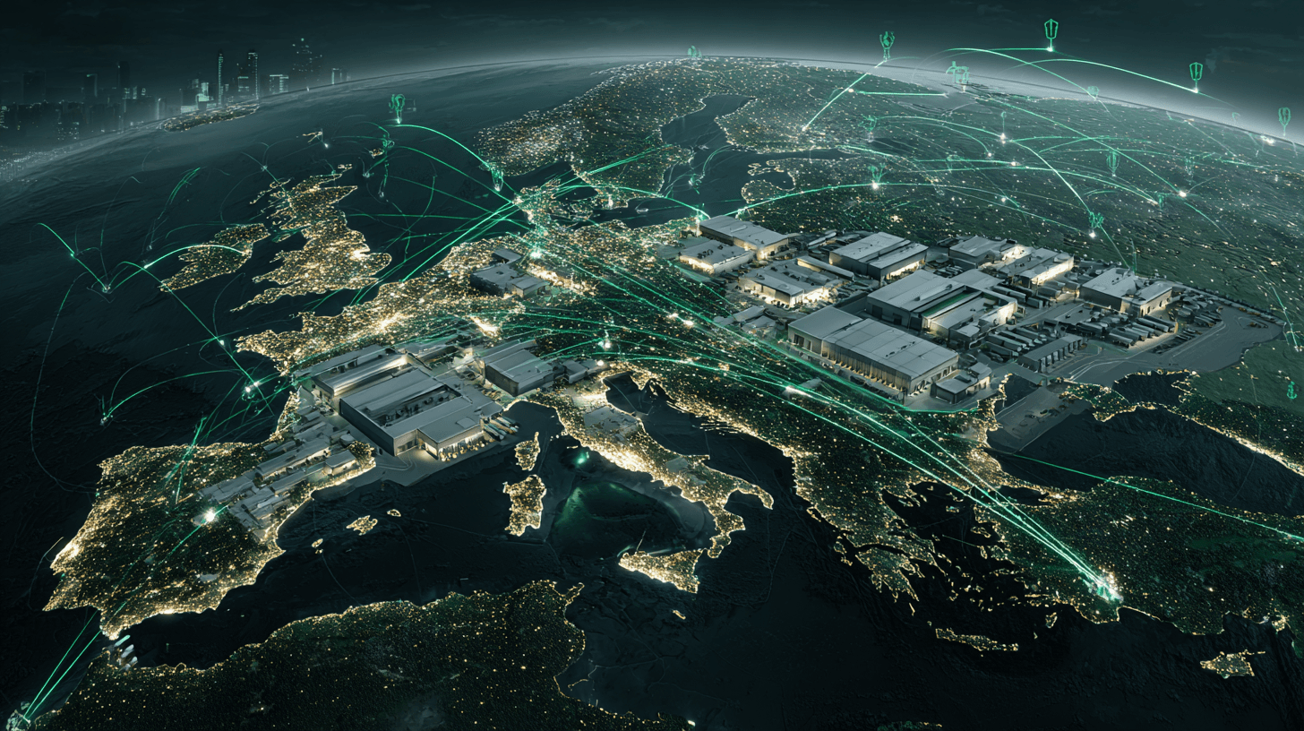 Aerial view of European logistics network with warehouse facilities connected by supply chain routes