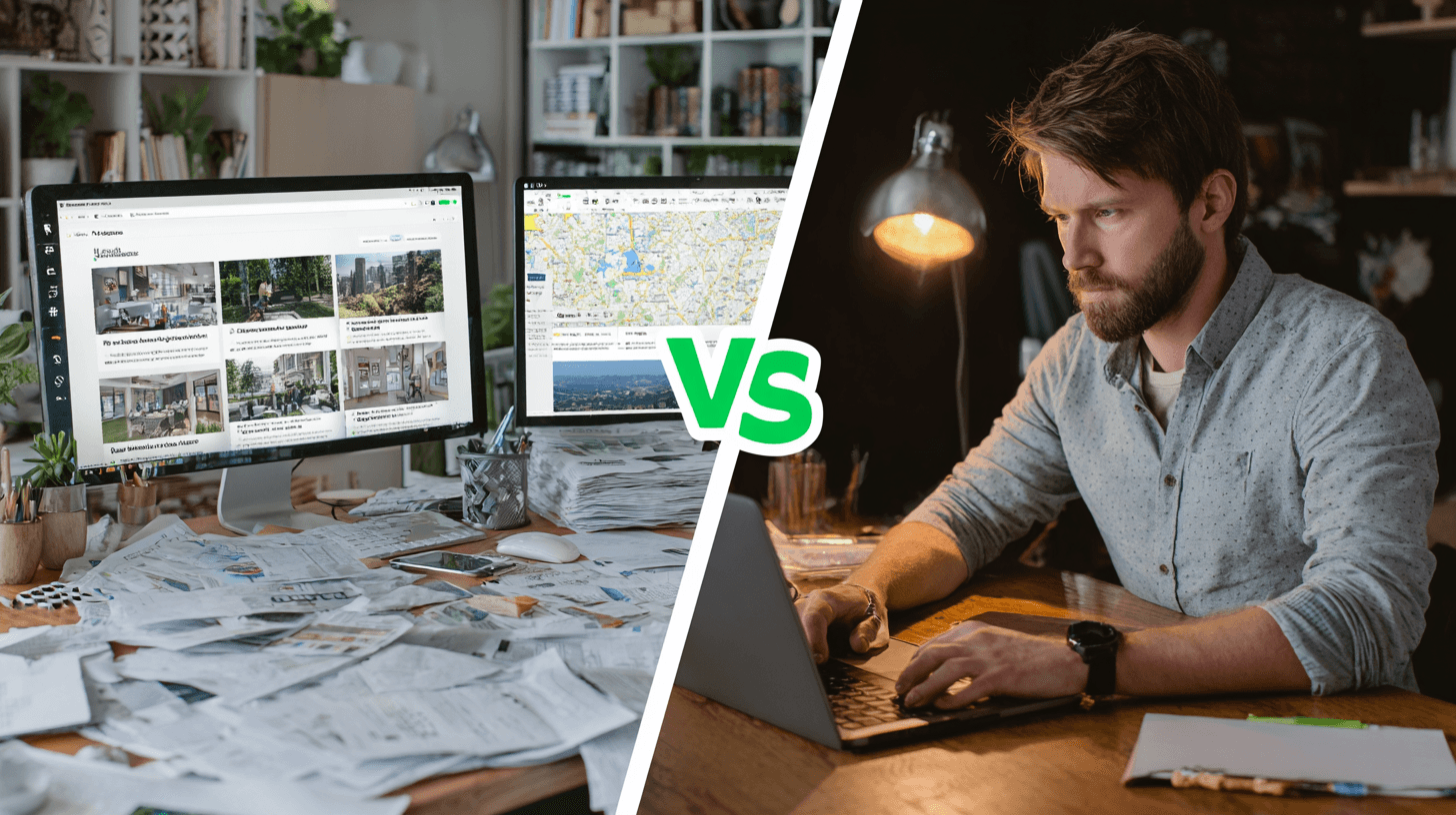 Comparison of traditional warehouse search chaos versus streamlined digital search platform